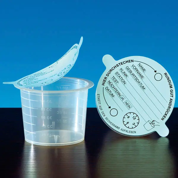 Disposable urine beaker with adhesive lid 