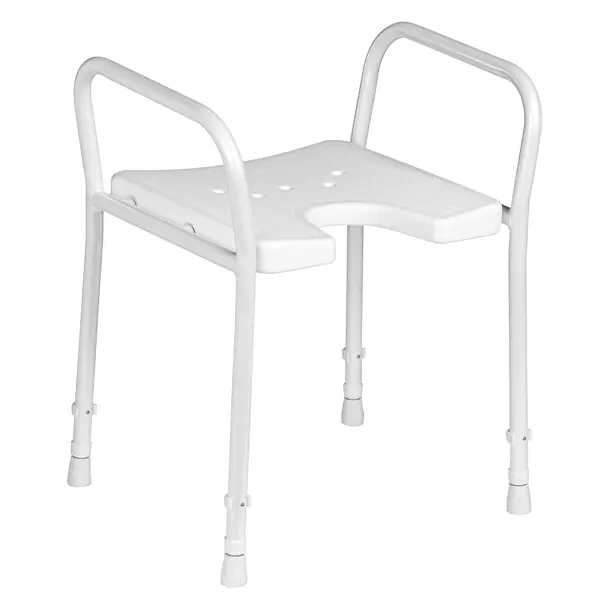 Shower stool with armrests and hygienic cutout 